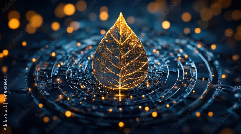 Poster glowing golden leaf illuminated with intricate patterns resting on a futuristic digital surface with