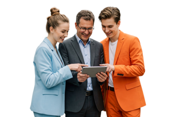 group of business people using tablet for work on white
