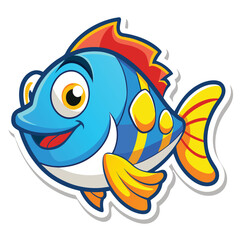Cartoon Smiling Fish Isolated with Blue Body, Red Fin and Yellow Stripes