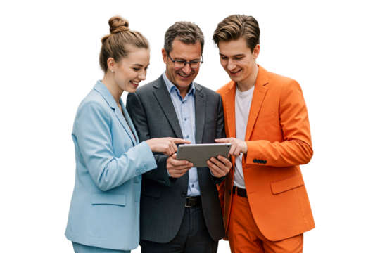 group of business people using tablet for work on white
