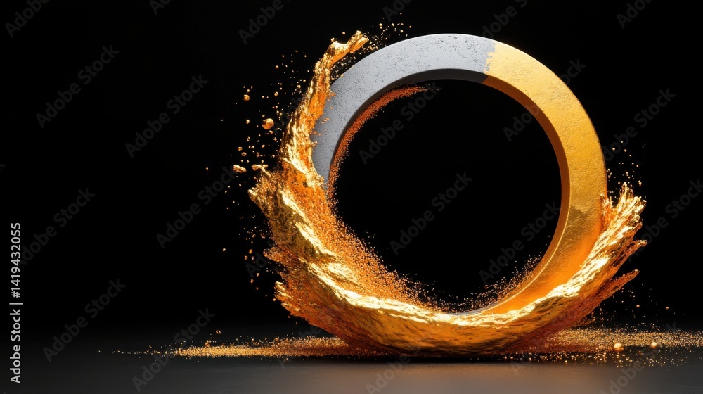 Poster Abstract circular metallic with fiery splash and glowing particles on black background, dynamic motion design element for modern technology or creative projects