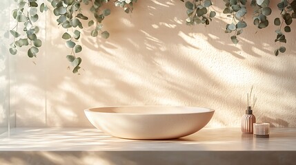 A luxurious spa interior with a soft-beige oval matte sink hovering in a frosted glass counter, highlighted with soft pink underglow.