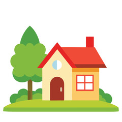 Fototapeta premium Cartoonish Facade of a Home with Red Roof, Chimney, Door, Tree on White