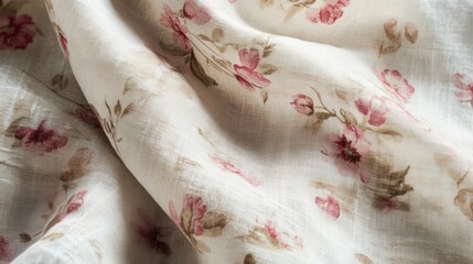 Delicate linen fabric displays a subtle floral pattern.