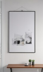 Stylish white wall, poster hanging on clips, clean interior,  clean lines,  neutral,  house