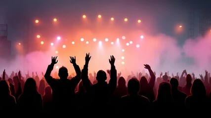 Crowd cheers at a music event with bright stage lights