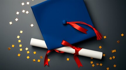 Navy blue graduation cap mortarboard with orange tassel resting on diploma scroll tied with red ribbon surrounded by golden confetti. Education concept