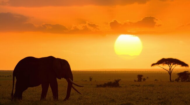 Elephant silhouette at sunset. The orange and yellow African savanna.