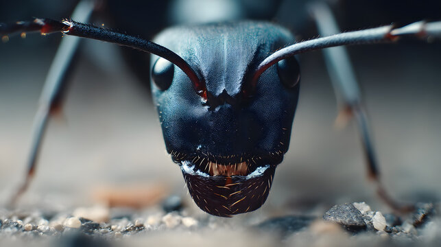 Low-angle view of black ant head with symmetrical face and glistening eyes
