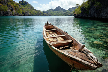 Obraz premium Rustic wooden boat glides on calm tropical bay, simple scene of peace. Its presence whispers tales of tranquil waters, feeling serene and harmonious
