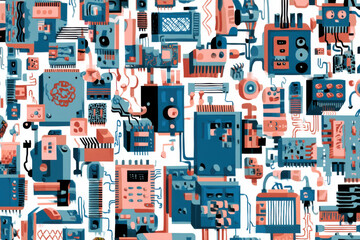 This seamless pattern of retro electronic components is eye catching and makes you want to tinker. Full of stylized elements