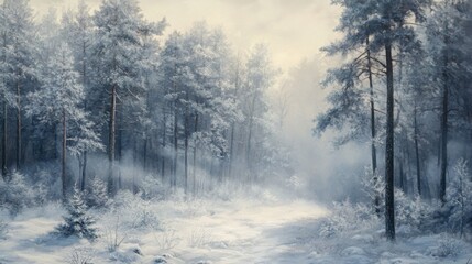 Fototapeta premium A snow-covered forest with tall pine trees dusted in white, icy fog rolling through the branches under a pale winter sky