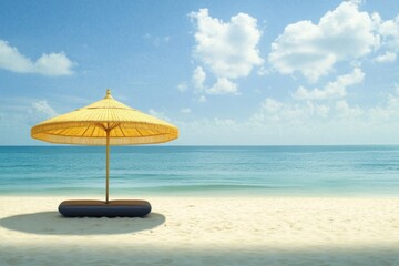 Bright yellow umbrella on a sandy beach with calm ocean waves on a clear day