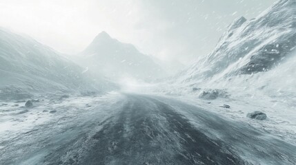 Obraz premium Snowstorm in a mountain pass, limited visibility with strong wind blowing across a deserted icy road