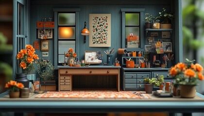 tiny craft room setup with miniature crafting supplies