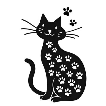 recommend clip art: Playful cat silhouette filled with paw prints and curling line art