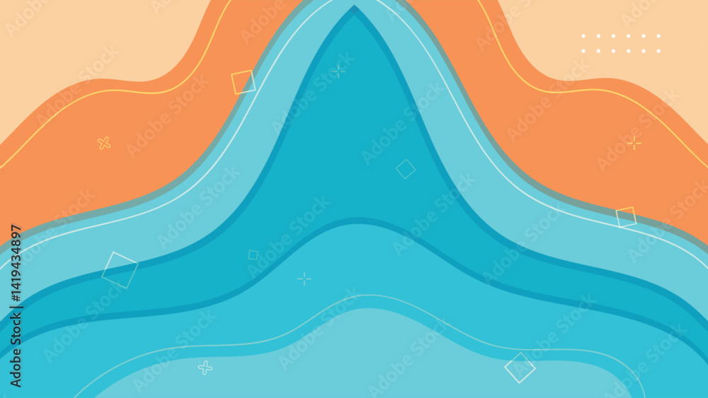 Poster creative abstract background with smooth ocean waves and beach elements in layered blue and orange t