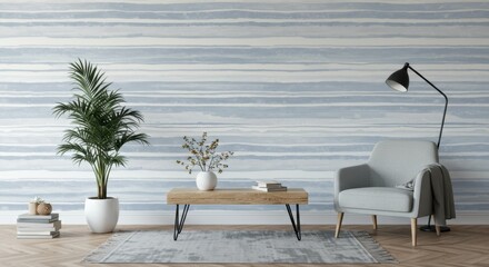 Interior with Palm Tree and Striped Wallpaper