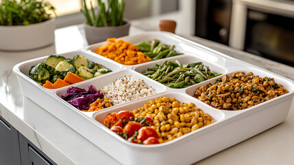 Colorful healthy lunch plate with legumes, grains, and fresh vegetables. Perfect concept for DASH diet, meal prep, and nutrition plans. Natural light and clean background.