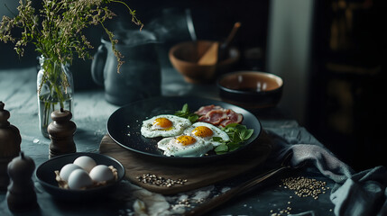 Moody dark breakfast setup with sunny-side-up eggs, crispy bacon, and fresh greens. Perfect for keto, rustic food blogs, and moody food editorials.