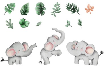 Adorable watercolor clipart set featuring cute elephants and tropical leaves.