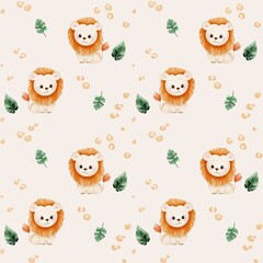 Seamless watercolor pattern featuring lions and tropical leaves. © Aleksandra