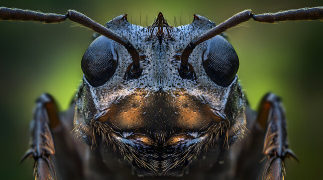Dark-themed ant face macro with blue iridescence and intense texture