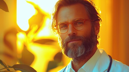 A close-up portrait of a doctor with a beard and glasses, with a warm, golden background. The doctor's calm demeanor suggests expertise and reliability.