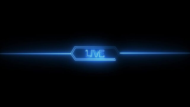 live video on icon animation with black background. live icon symbol. 4k video live cricket neon animated text advertising neon caf&eacute; karaoke live music.