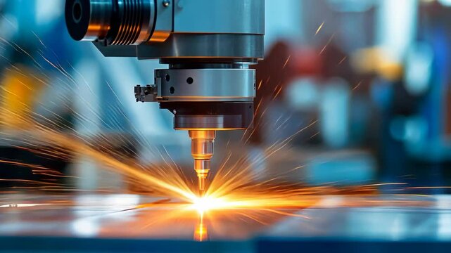 Automated metal cutting process using a laser machine, creating sparks and precision in manufacturing environment.