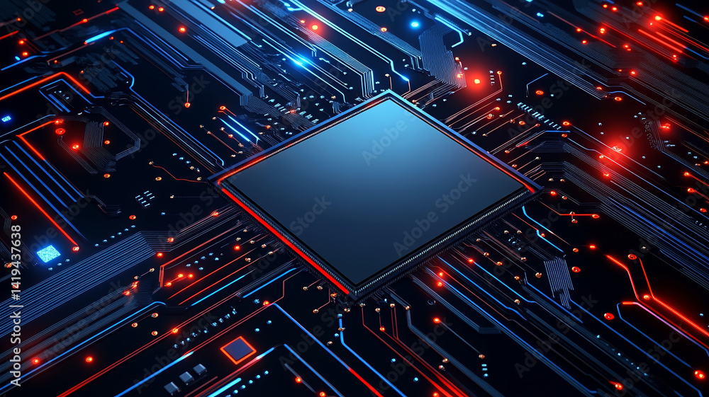 Poster macro shot of microcontroller chip on circuit board with vibrant lights and intricate details