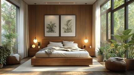 Modern bedroom design with natural light and plants creating a peaceful and serene atmosphere space view
