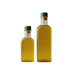  Two small glass bottles of golden olive oil with green caps