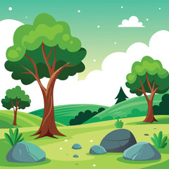 Landscape with Green Hills, Big Trees, Stones, and Clouds in Sky, Outdoors