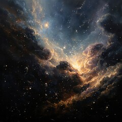 Fototapeta premium A mesmerizing view of a distant nebula, a swirling cloud of gas and dust in space. Stars twinkle brightly against the backdrop of the vast universe, creating a breathtaking panorama. The colors.