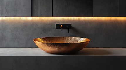 Copper sink with golden undertones placed on a raw concrete counter, soft backlighting creating a warm halo around the basin. The minimalist wall features a single black faucet and matte finish.