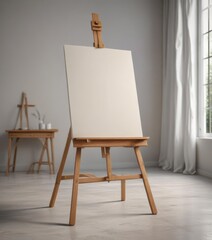 Wooden easel legs supporting a large blank canvas in a studio ,  space,  wood,  natural