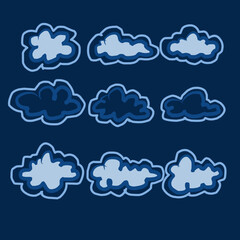 Obraz premium A collection of abstract vector cloud shapes in soft blue tones with dark blue background, Minimalist Sky Elements with Decorative Line Details for Weather Graphics and Creative Design
