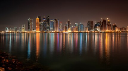 Fototapeta premium Doha skyline cityscape reflects on calm night water.
