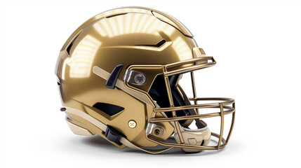 Naklejka premium Gleaming Golden American Football Helmet Isolated on a Pristine White Background, Symbolizing Athletic Achievement and Victory