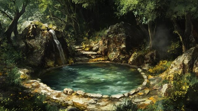 Enchanted woodland pool, serene nature scene with a waterfall and lush greenery