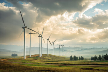 Obraz premium Wind turbine generating power, providing clean energy in rural setting with background of clouds looks absolutely magnificent