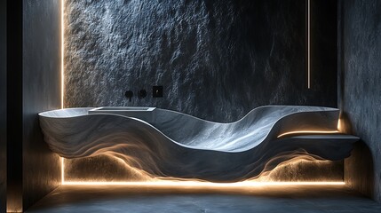 Side angle of a sinuous marble ribbon sink, highlighted by thin linear LEDs in a dramatic dark interior with textured basalt walls and abstract lighting effects.