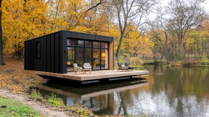 Obraz premium Modern Black Cabin on a Lake in Autumn