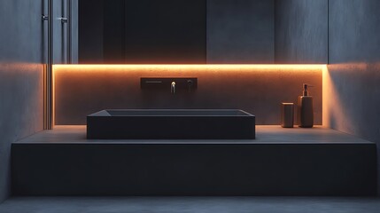 Side profile of an ultra-modern black sink with defined rectangular edges, underlit by soft LEDs, framed by polished steel piping and an ambient backlit mirror, set in a narrow concrete washroom.