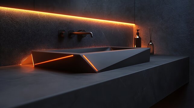 Sleek matte black ceramic sink with triangular cutouts and integrated smart faucet, glowing from subtle interface lights, surrounded by textured carbon fiber walls and illuminated by ambient strips.