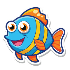 Obraz premium Playful Fish Cartoon with Big Eyes, Blue Body, Yellow Stripes, and Orange Fins