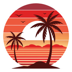 Retro Circle Landscape with Palm Trees Sunset Birds and Distorted Sun Design