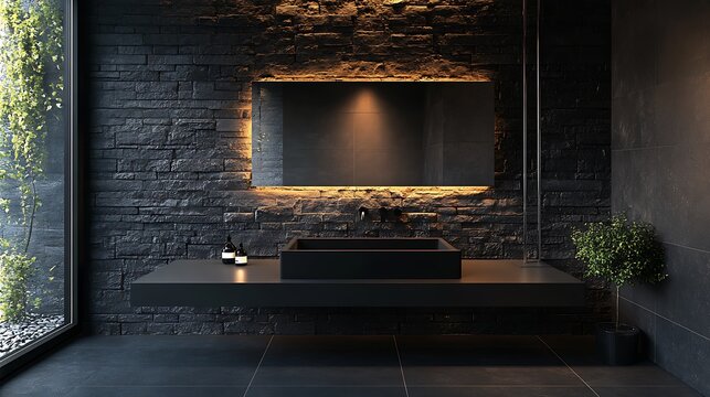 Ultra-modern washroom with a rectangular matte black sink, chrome steel piping, and an LED backlit mirror, surrounded by dark stone tiles and minimalist wall textures.