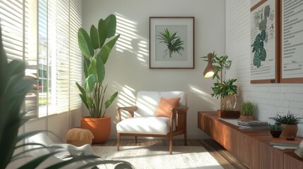 Fototapeta premium Bright minimalist living room with indoor plants and white furniture